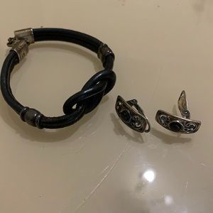 Just in- leather bracelet and onyx and silver earrings set
